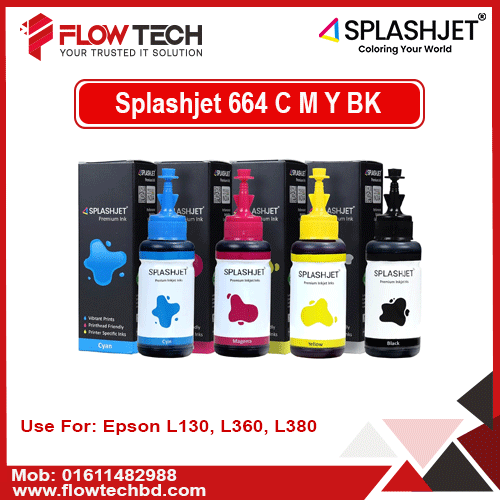 Splash jet 664 Ink Refill for Epson L130 Printer – 70ml Dye-Based CMYK Ink Bottles